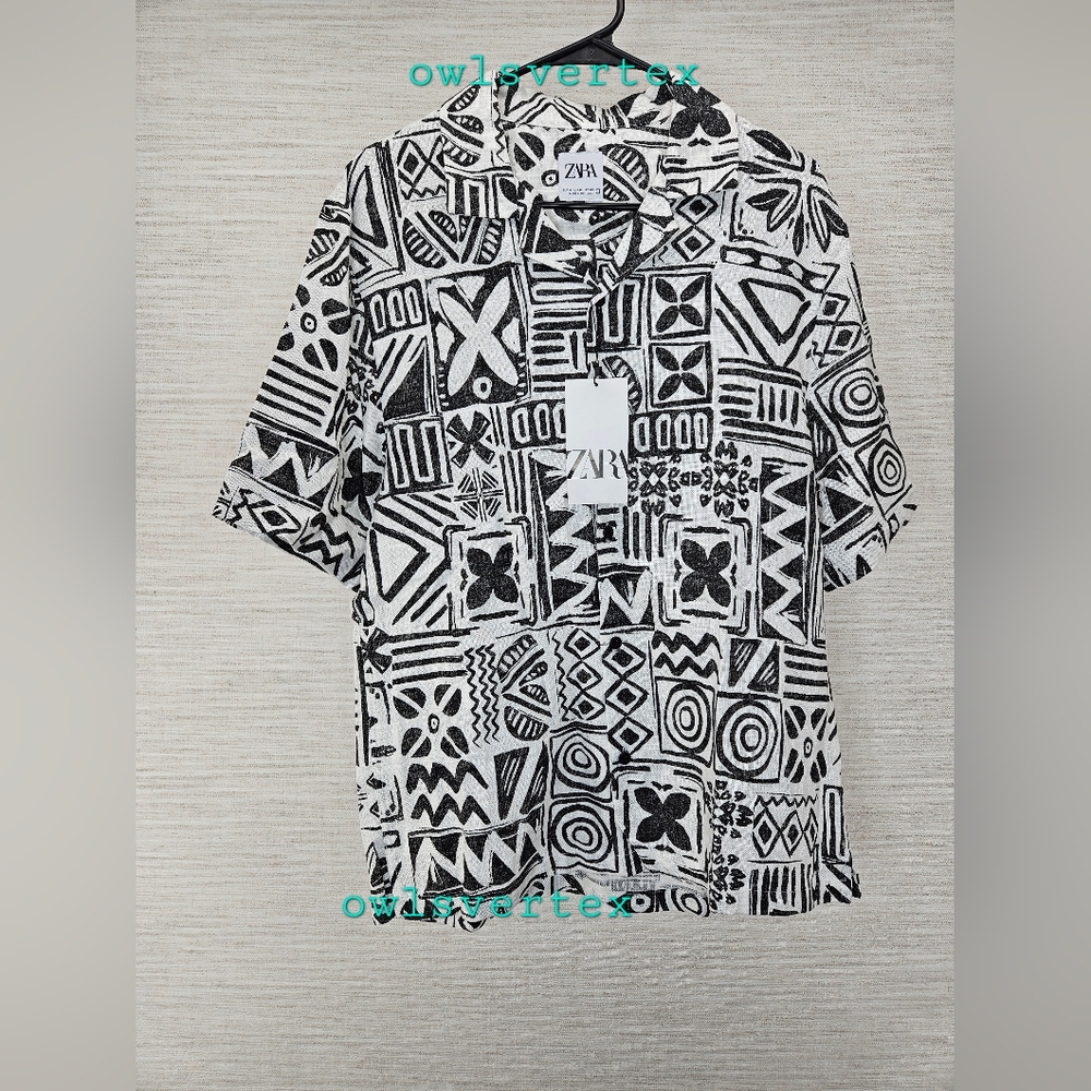 New Zara Men's Geometric Print Shirt Black White 0399/064 - Picture 2 of 9